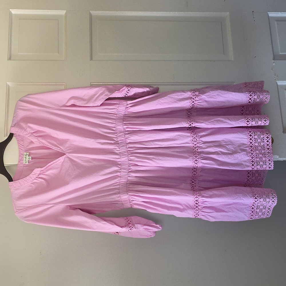 Wonderly Light Pink Tiered Cotton Dress XL Boho Puffy Sleeve V-Neck